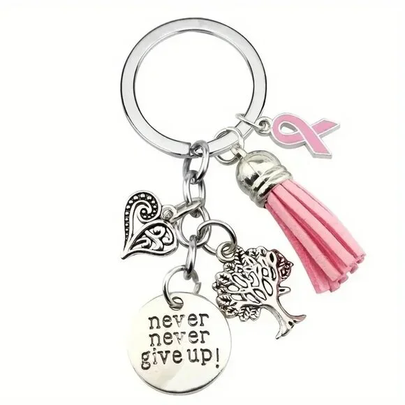 Breast Cancer Awareness Handbag Charm Set Keychain  "Never Give Up" Pink Ribbon - Picture 4 of 6